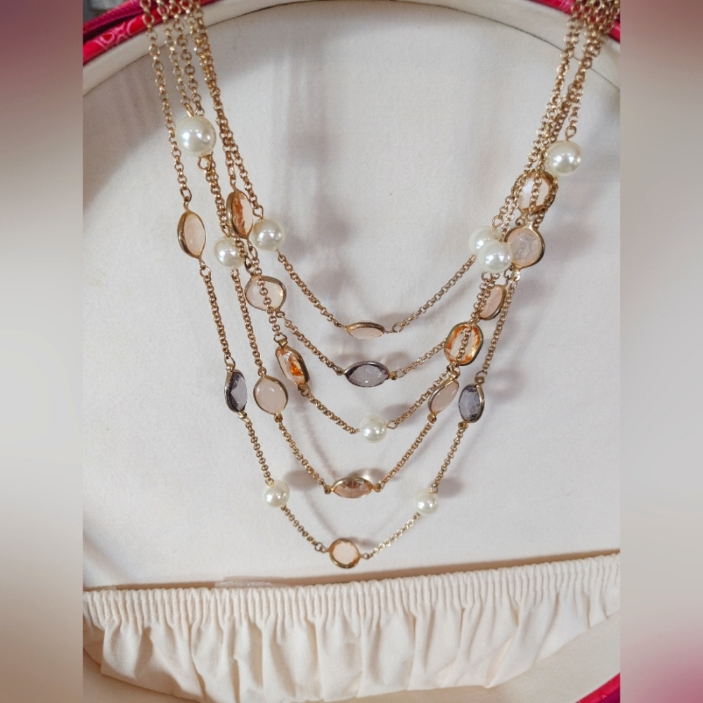 Multi-Layered Pearl and Gold Necklace with Blue & Rose Gold Clear Beads!